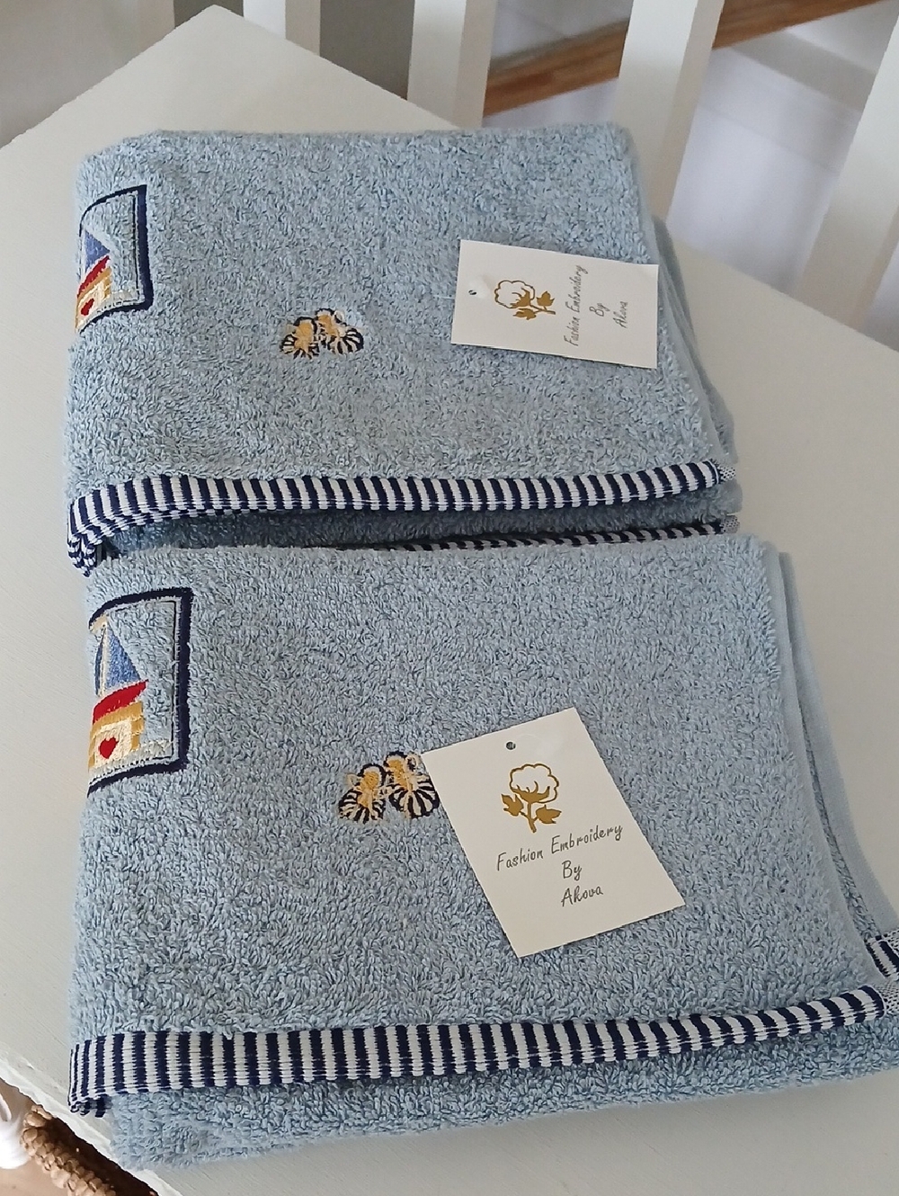 Lt Blue Child's Nautical-theme Hand Towels Navy Striped Border Set of 2